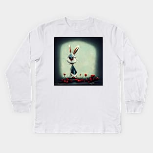 Cartoon sketched bunny rabbit looking less than pleased as he stands in the garden. Kids Long Sleeve T-Shirt